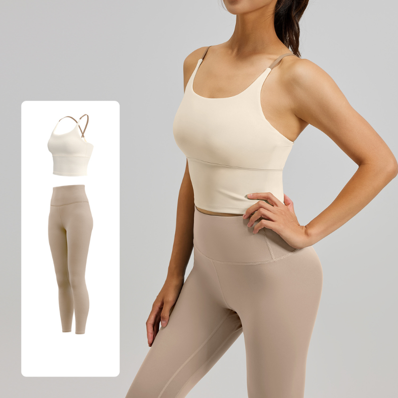 Women's Two-Piece Sports Fitness Outfit With Camisole Top & Long Pants, Color Block Shockproof Yoga Wear For Indoor Training