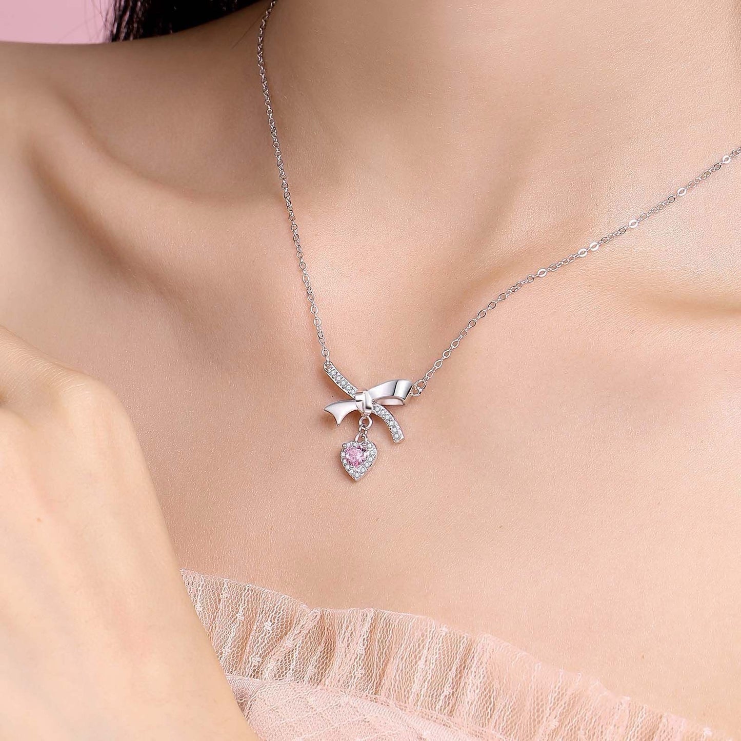 1pcs 999 Sterling Silver Bowknot & Pink Heart Necklace, Elegant Trendy Style, Ideal For Valentine's & Birthday Gifts