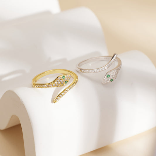 S925 Sterling Silver Green Zircon Snake Ring, European Fashion Colored Zircon Zodiac Snake Ring For Women
