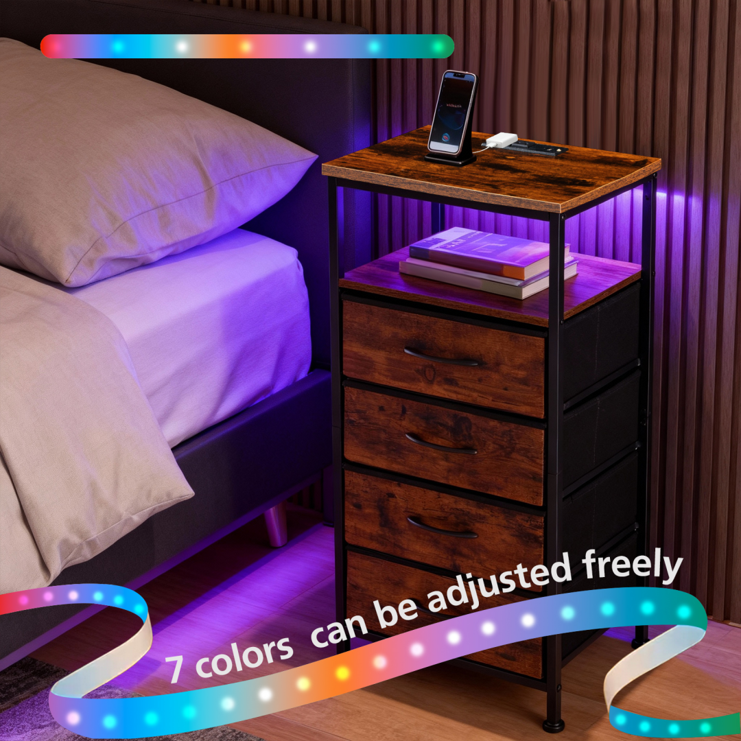Nightstand With Charging Station, Bedside End Table With 5 Fabric Drawers & USB-Type-C Ports And Outlets