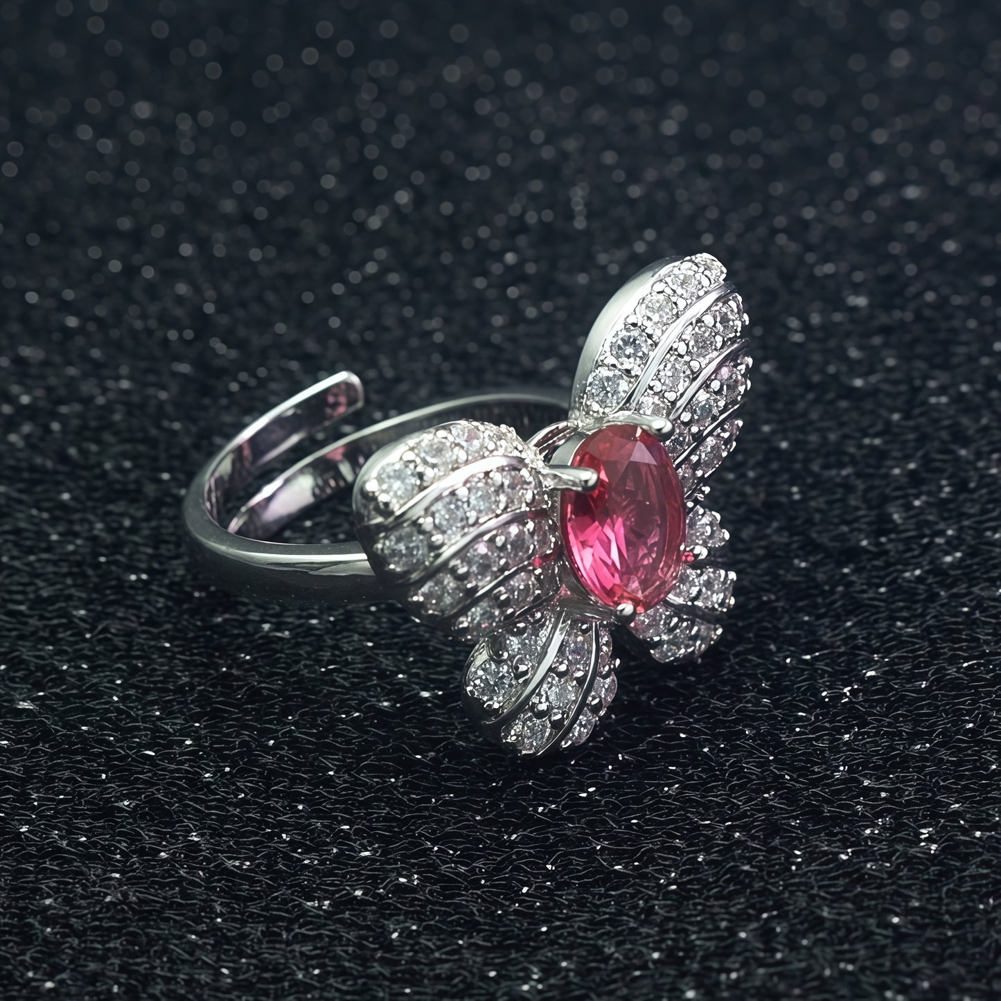 Oval  CZ Pave Bow Open Ring For Women, Copper Plated Silver Split Shank Adjustable Cocktail Wedding Statement Jewelry Gift