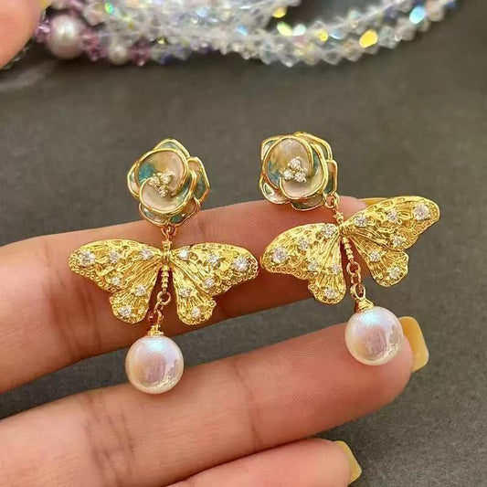 New Butterfly & Pearl Floral Earrings For Women, Enamel Glaze Drip Craft Studs, Gentle Elegant Dangle Fashion Ear Jewelry