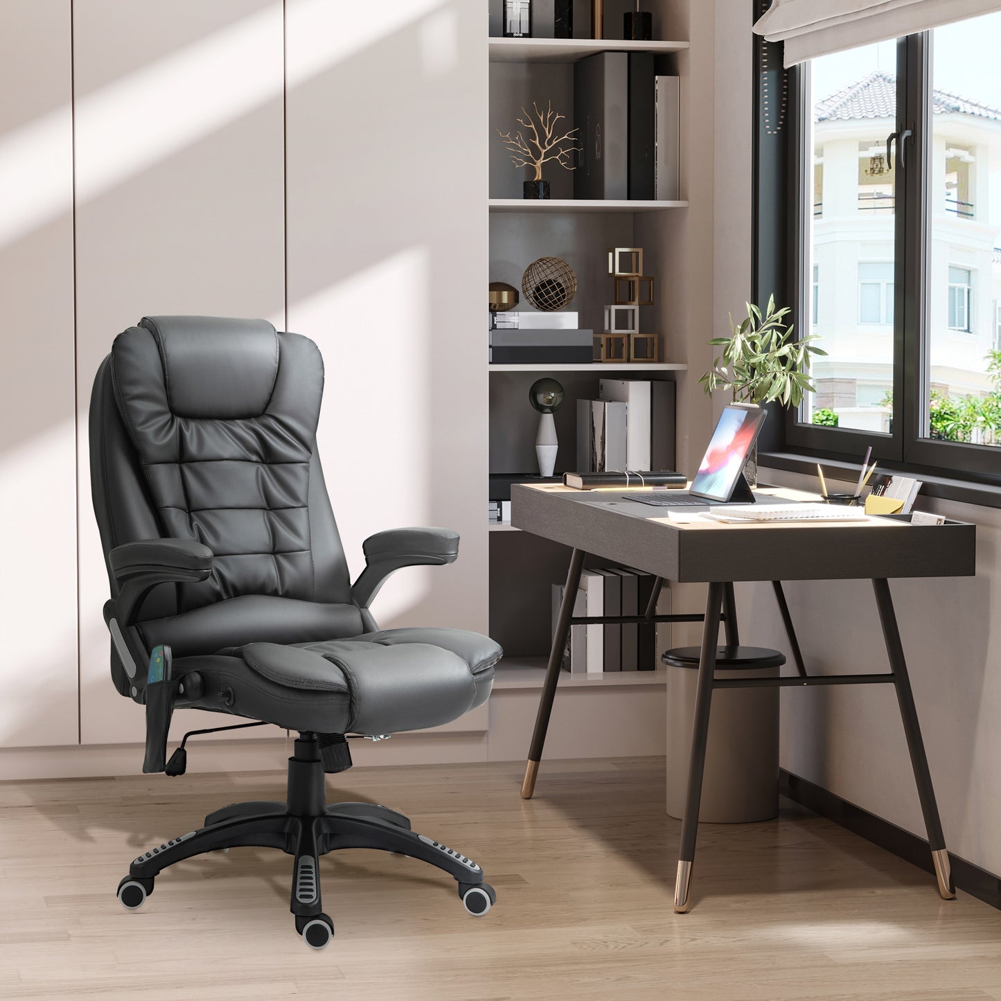 6-Point Massage Office Chair With Seat Heated For Home Office, PU Leather High Back Executive Desk Chair With Adjustable Height And 360° Swivel For Work Study, Black