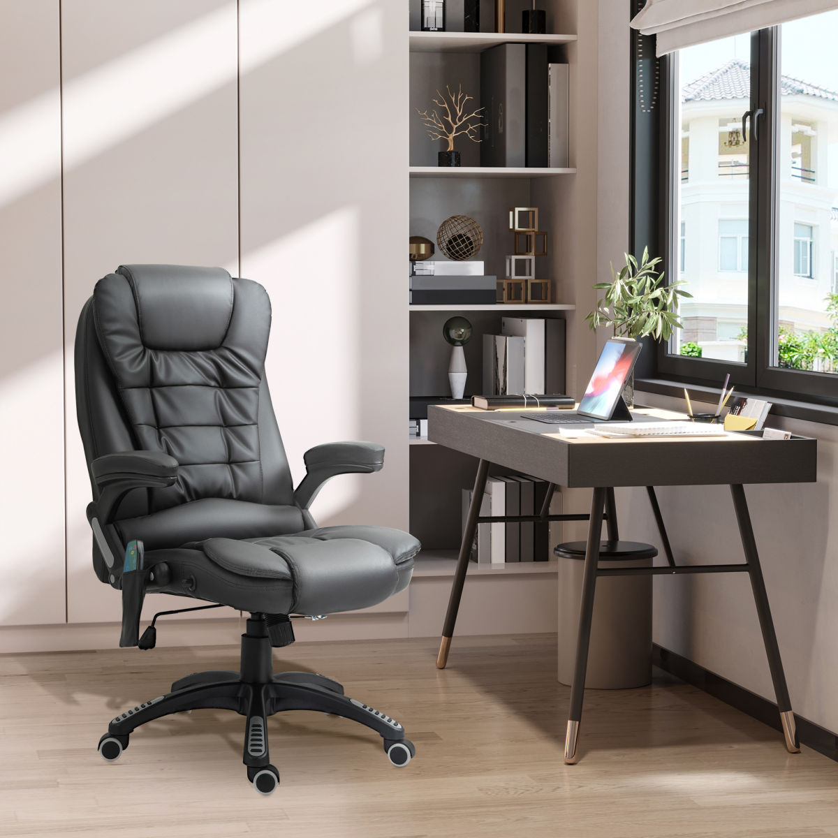 6-Point Massage Office Chair With Seat Heated For Home Office, PU Leather High Back Executive Desk Chair With Adjustable Height And 360° Swivel For Work Study, Black