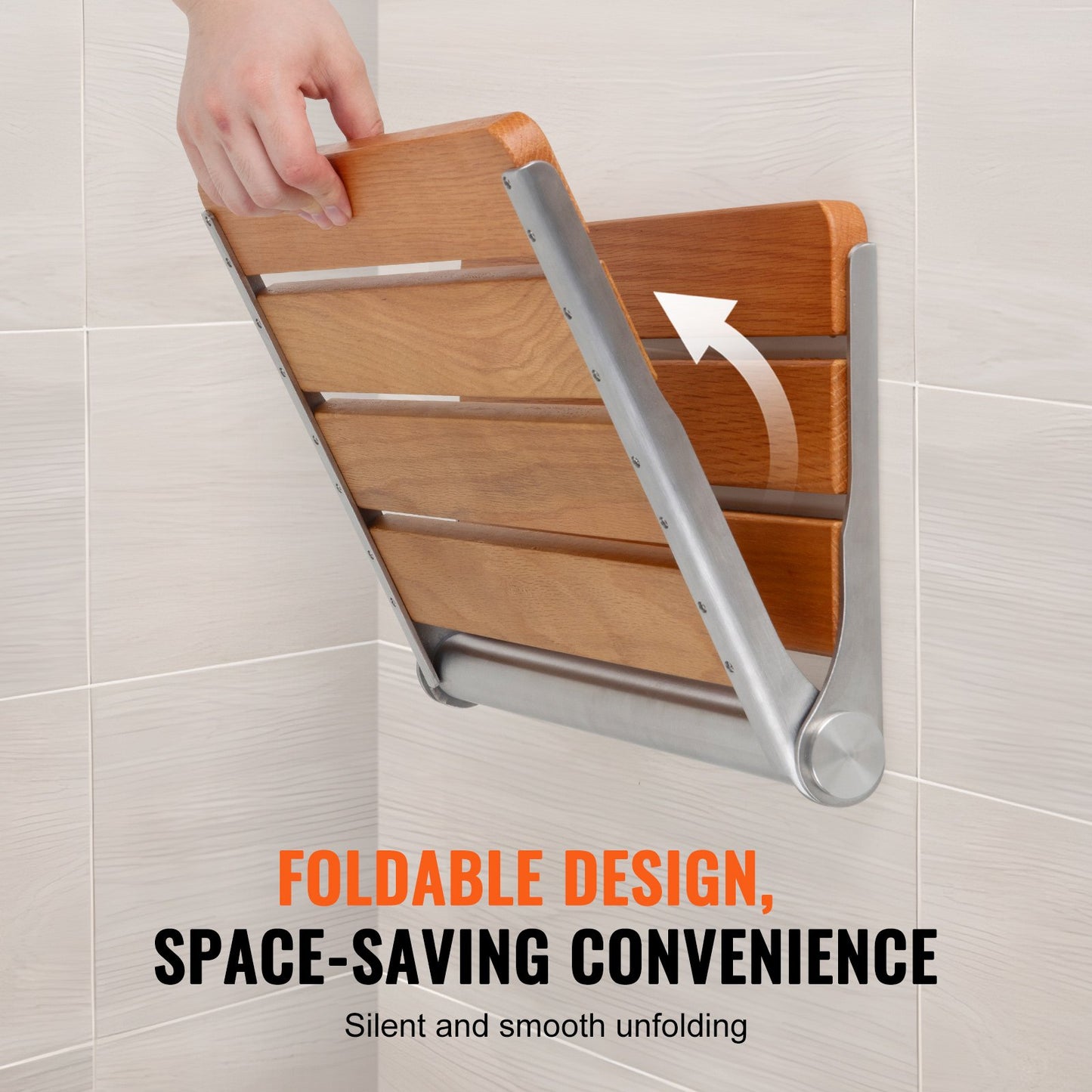 Folding Oak Shower Seat, 16.1" X 13.4" Unfolded, Wall Mounted Fold Up Shower Bench With 440 Lbs Load Capacity, Space Saving Home Care Fold Down Shower Chair, For Seniors Pregnant Women Children