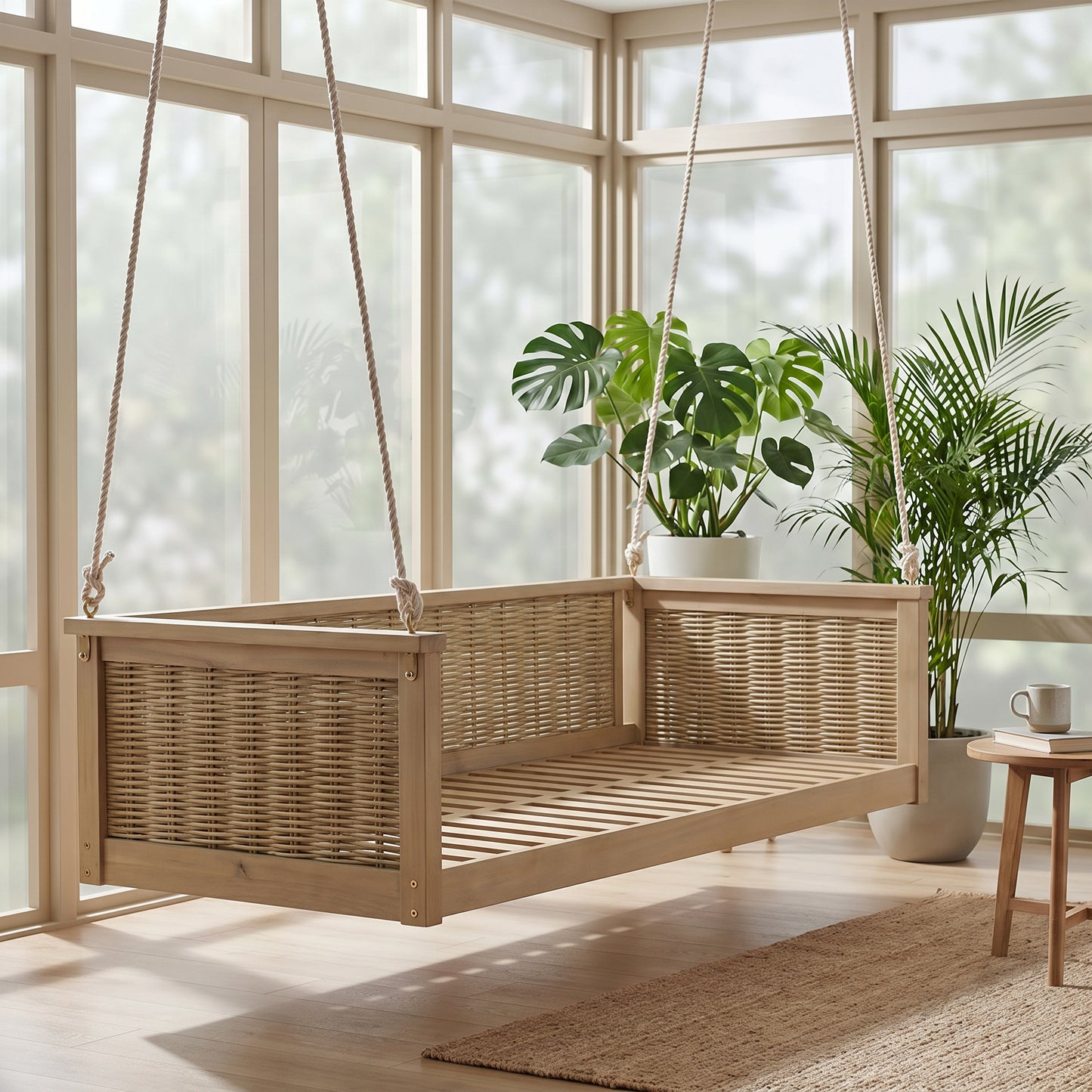 TOPMAX Outdoor Classic Solid Wood Twin Size Swing Bed,Garden Porch Rattan Swing Frame With Long Ropes For Poolside, Backyard, LIGHT TEAK