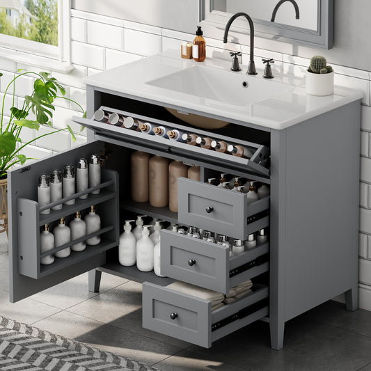 36-Inch Gray Bathroom Vanity With Sink, Modern MDF And Rubberwood Cabinet With 3 Drawers And Adjustable Shelf, Freestanding Vanity For Bathroom Storage And Organization Left Door  New Color