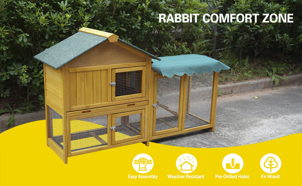 Rabbit Hutch, Indoor Bunny Cage, Outdoor Rabbit Cages With Run, Pet House With Deeper No Leak Tray, UV Panel, Removable Bottom Wire Mesh For Small Animals,Removable Waterproof And Sun Protection Cover