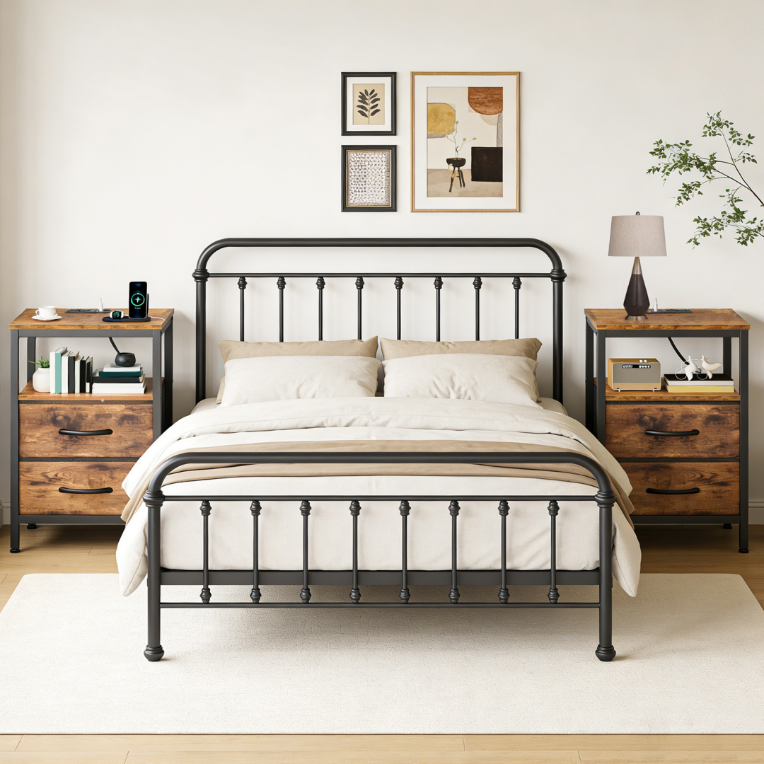 A Small Bedside Table With A Charging Station And Two Fabric Drawers, And A Side Bedside Table