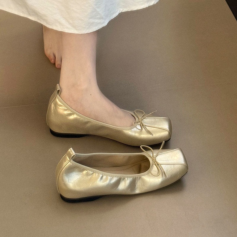 Women Square Toe Soft Leather Bow Decor Ballet Flats, Elegant Shallow Cut Slip-on Casual Shoes