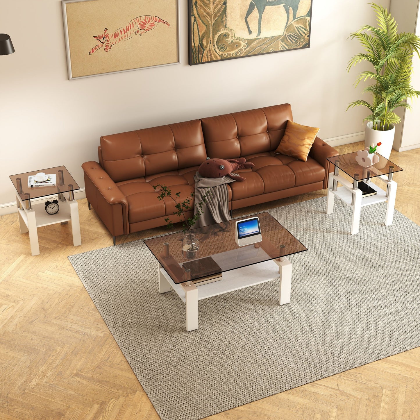 Set Of 2 Modern Tempered Glass Tea Table ,Tempered Glass Tabletop With MDF Layer,Coffee Table,End Table, Square Table For Living Room, Brown White