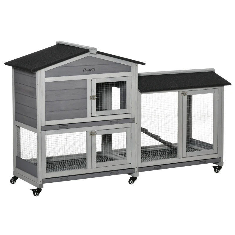 Wooden Mobile Rabbit Hutch With Wheels, Run Box, Slide-out Tray, Ramp