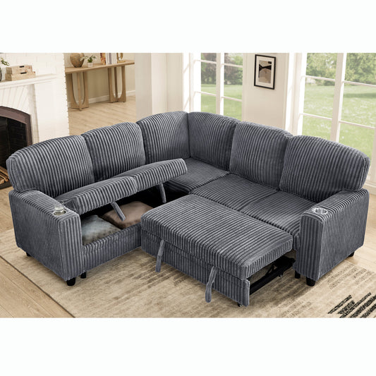 L-Shaped Sectional Sofa Bed with Pull-Out Bed & Storage, 5-Seat Sleeper Couch with USB Charging, Convertible Design for Living Room, Apartment, Corduroy Fabric, Grey