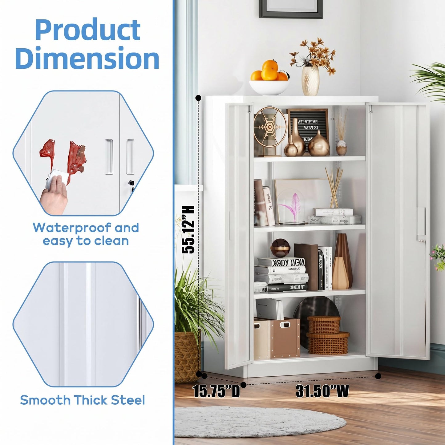 Metal Garage Storage Cabinet, Lockable Steel Storage Cabinet With 3 Adjustable Shelves For Garage, Office, Home, Assembly Required, White