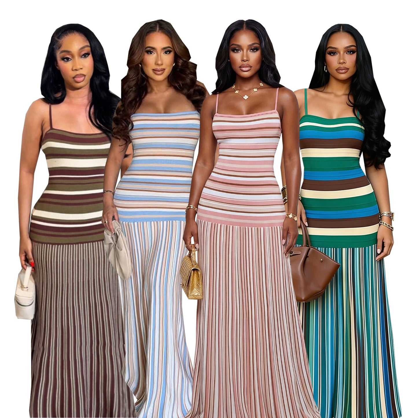Womens Summer Fashion Strap Dress With Color-Block And Striped Backless Design