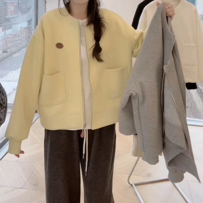 Korean-style Casual Round-neck Long-sleeve Zip-up Hoodie Jacket