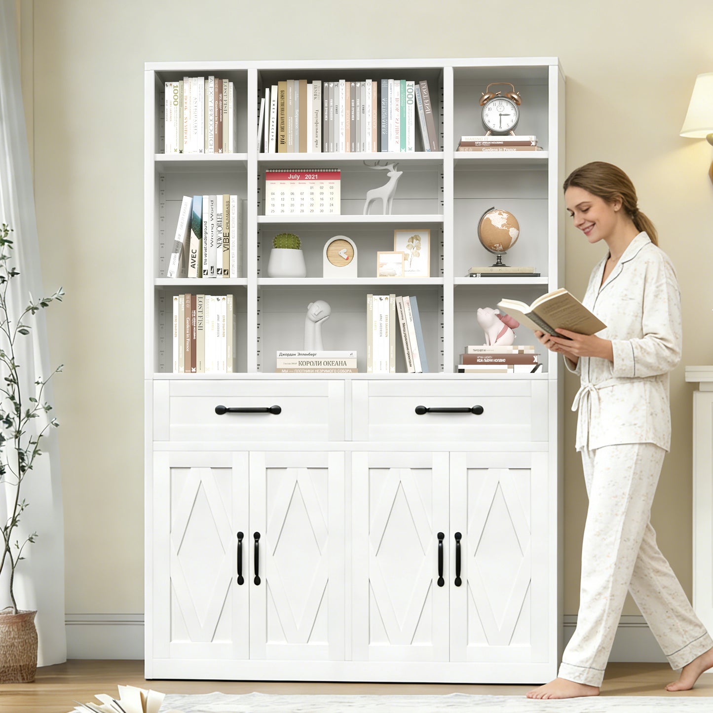 71  Tall Bookcase With Doors, Drawers & Adjustable Open Shelves, Metal Storage Cabinet For Home Office, Living Room, Industrial Bookshelf, White