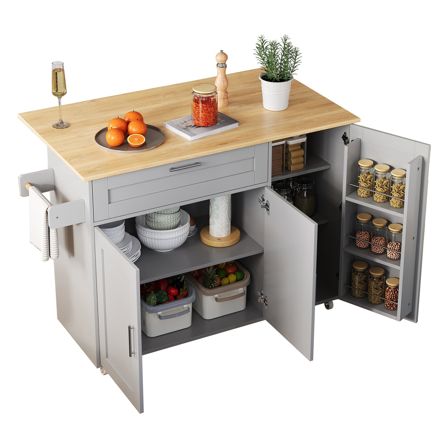 L132.5XW44XH90cm Large Mobile Kitchen Table, Foldable Countertop, Oak Grain, Multifunctional Cabinet, Spice Rack, Towel Rack, 5 Wheels, Suitable For Kitchen Dining Home
