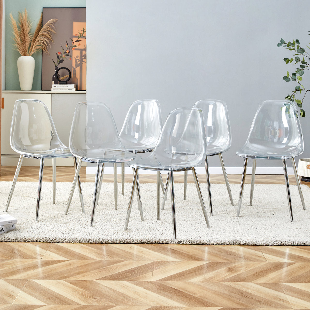 Modern Minimalist Transparent Dining Chair, Plastic Chair, Armless Crystal Chair, Nordic Creative Makeup Stool, Negotiation Chair, Silver Plated Metal Leg 6-piece Set, TW-1200