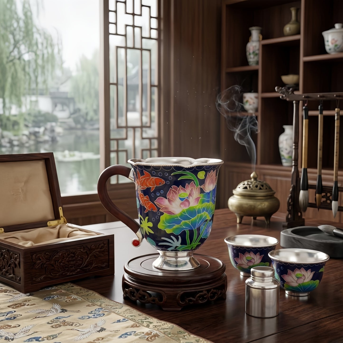 925 Sterling Silver Exquisite Handcrafted Cloisonné Enamel Lotus and Koi Fish Silver-Toned Tea Cup - Handicraft