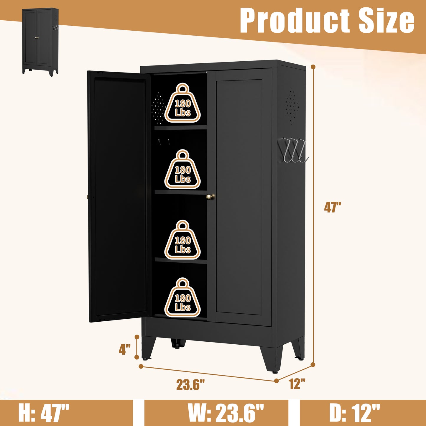 47.3  Black Metal Kitchen Pantry Cabinet Adjustable Storage With 3 Shelves  110lb Capacity , Heavy Duty Freestanding Pantry Organizer For Kitchen, Pantry, Living Room