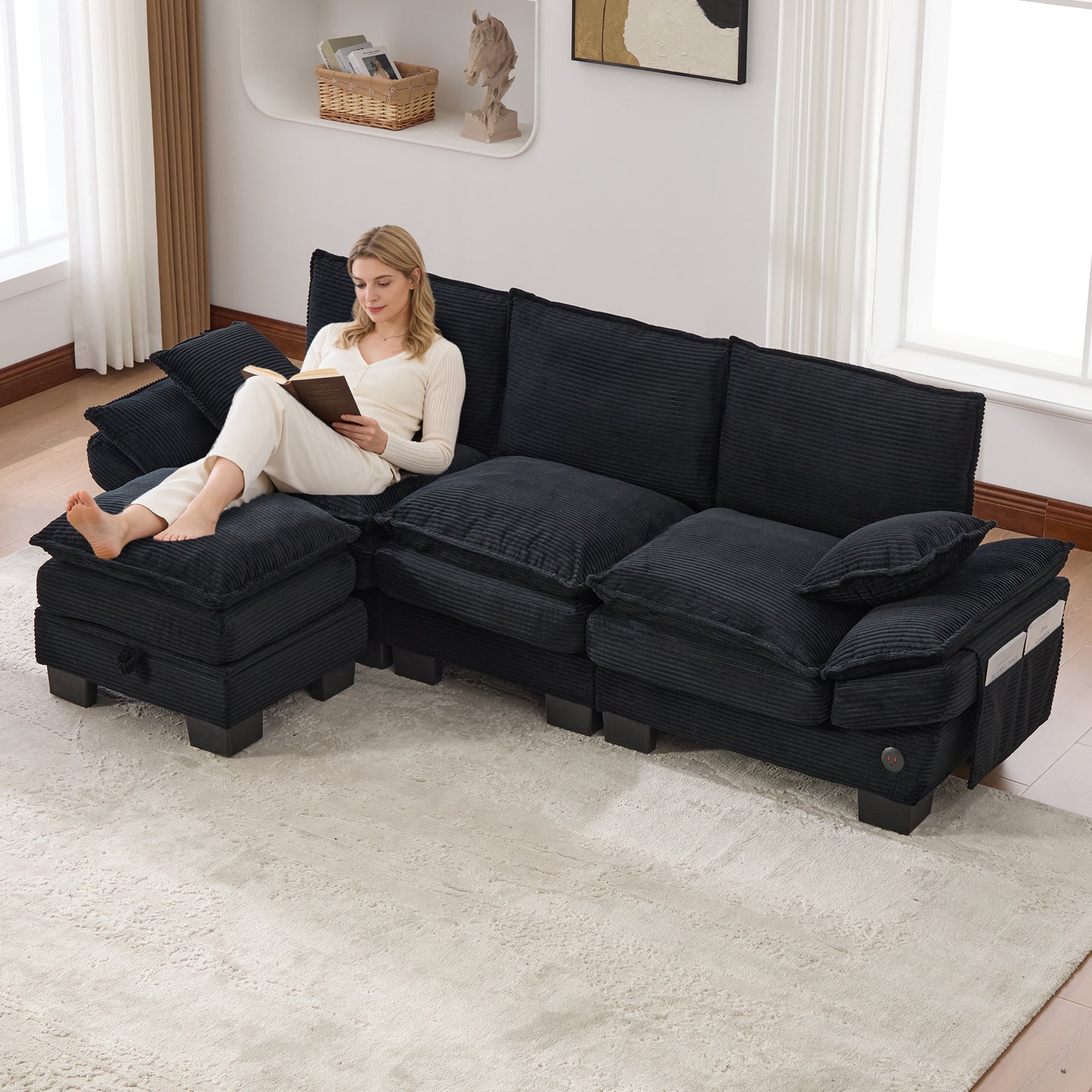 Modular 3-seater Corduroy Sofa  With 1 Stool Wide Seat, Ergonomic Design, High-density Foam Padding, USB-C Port And Side Pockets. Ideal For The Living Room, Office Or Lounge.Black