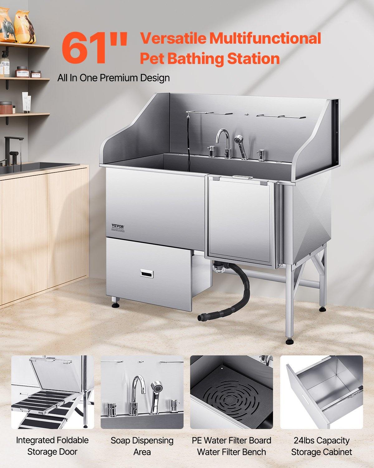 61 Inch Dog Grooming Bath Tub Stainless Steel W Ramp Water Filter