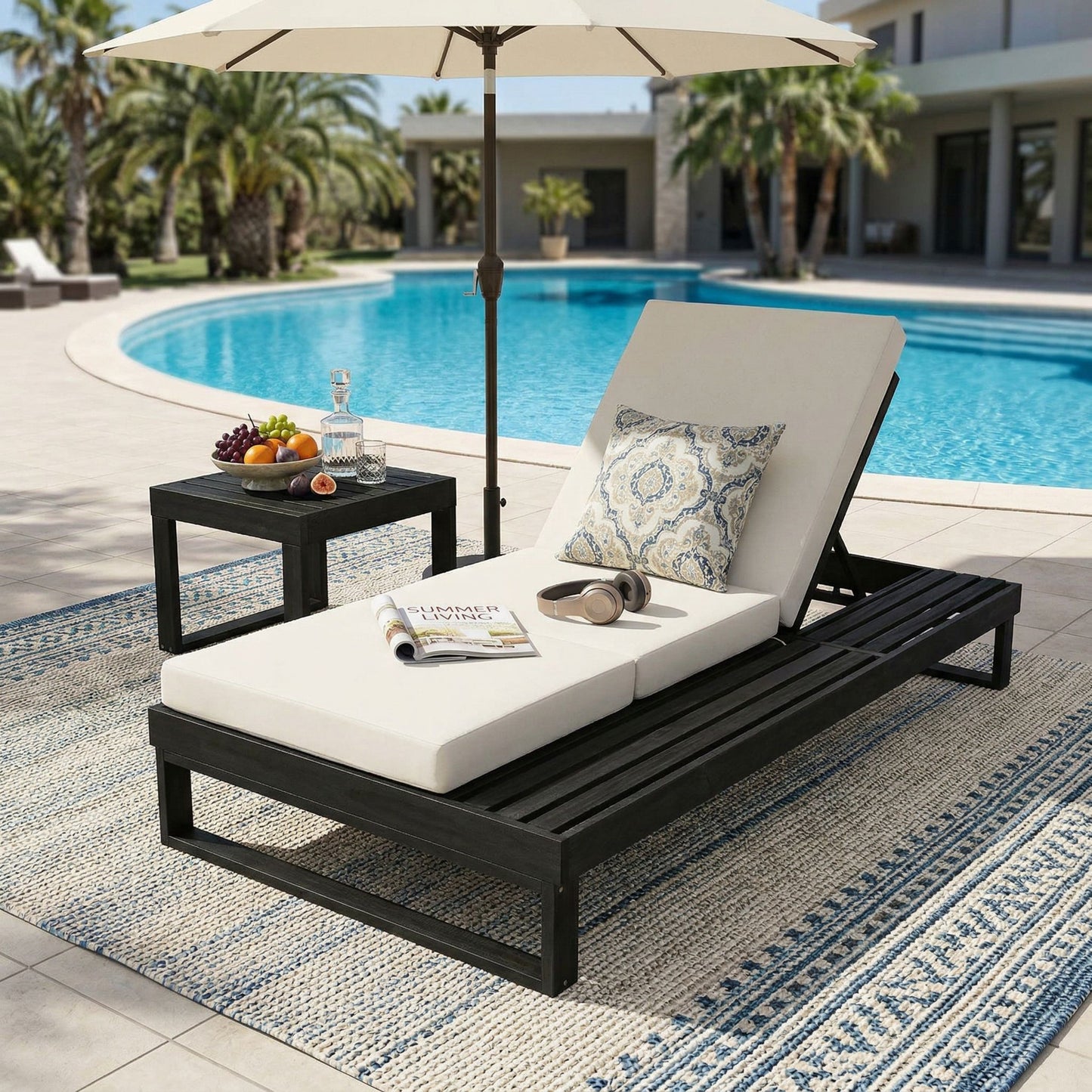 Black Acacia Wood Chaise Lounge With 4-Inch Cream 3-Fold Cushion Set, 4-Position Adjustable Outdoor Patio Lounger With Flat Side Surface, For Poolside-Matching Dark Grey Version Available