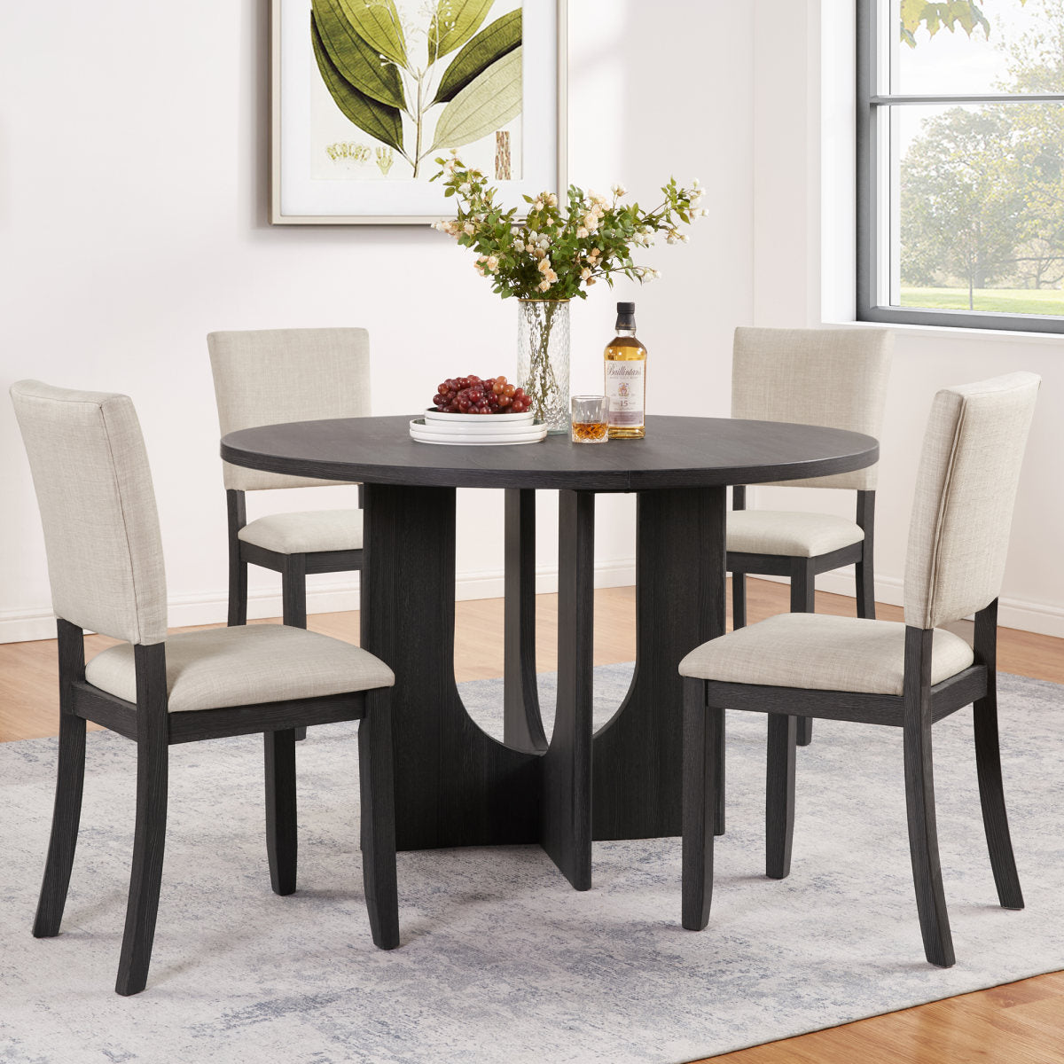 47.3" Round Dining Set with 4  Upholstered Dining Chairs, Modern Round Dining Table Set for 4, 5-Piece Round Dining Table Set for Living Room, Kitchen, Antique Black & Beige