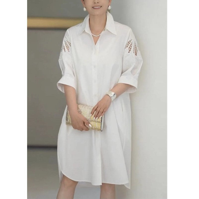 New White Lapel Blouse Dress Loose-fitting Mid-length Womens Skirt