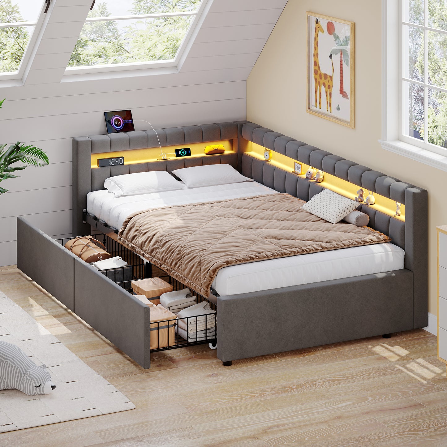 3ft Single Daybed With Two Storage Drawers, LED Modern Channel Tufted Bed Frame With Charging Station, Velvet Sofa Bed For Living Room Bedroom Study Room, 90X190cm, Easy Assembly, Grey No Mattress