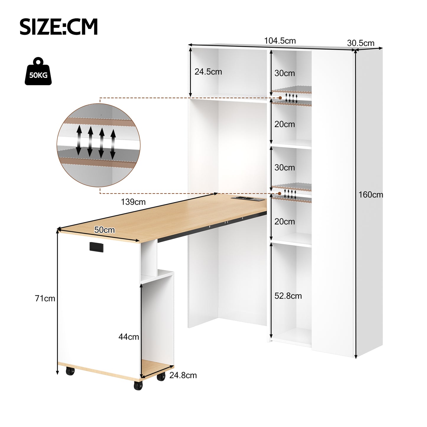Foldable Desk With Shelves-2-in-1 Bookshelf And Desk, Foldable, With Socket And USB Port, Height-adjustable Shelves, Anti-tilt, White-desk,corner-desk-right
