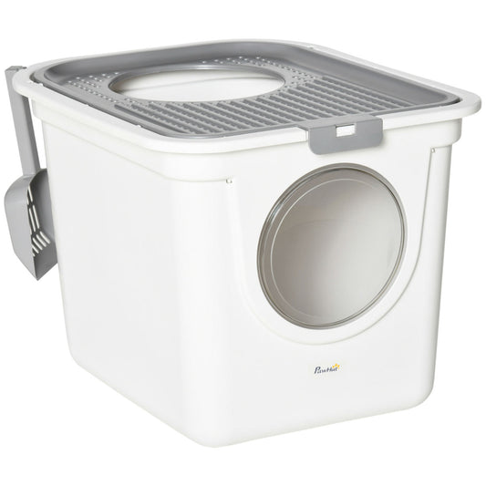 PawHut Cat Litter Box, Pet Toilet, Enclosed Kitten Pan With Front Entrance Top Exit, High Side, Scoop, White