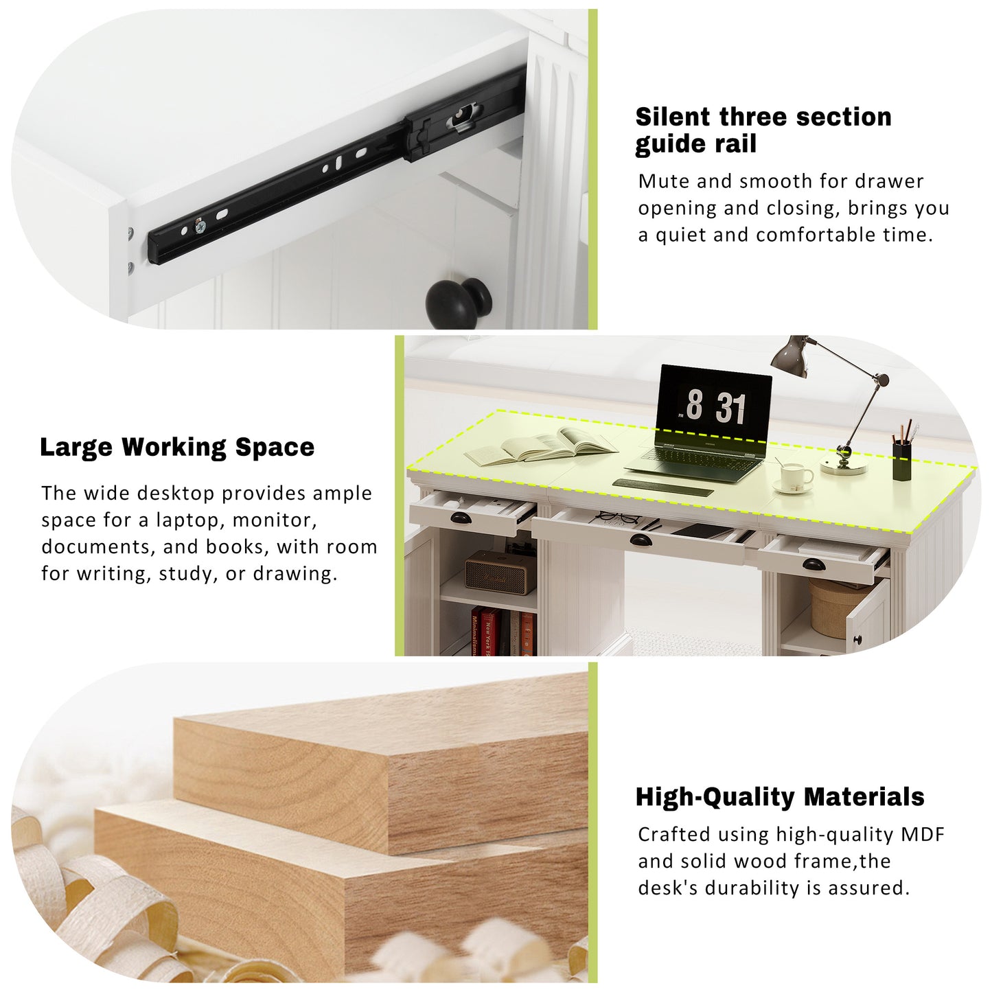 67 Modern Executive Desk,Computer Desk With 2 Wooden Doors Storage Cabinet And 3 Drawers, Rectangle Home Office Desk  ,Reading Desk,Writing Table,Workstation For Home Office,Living Room,Study,White