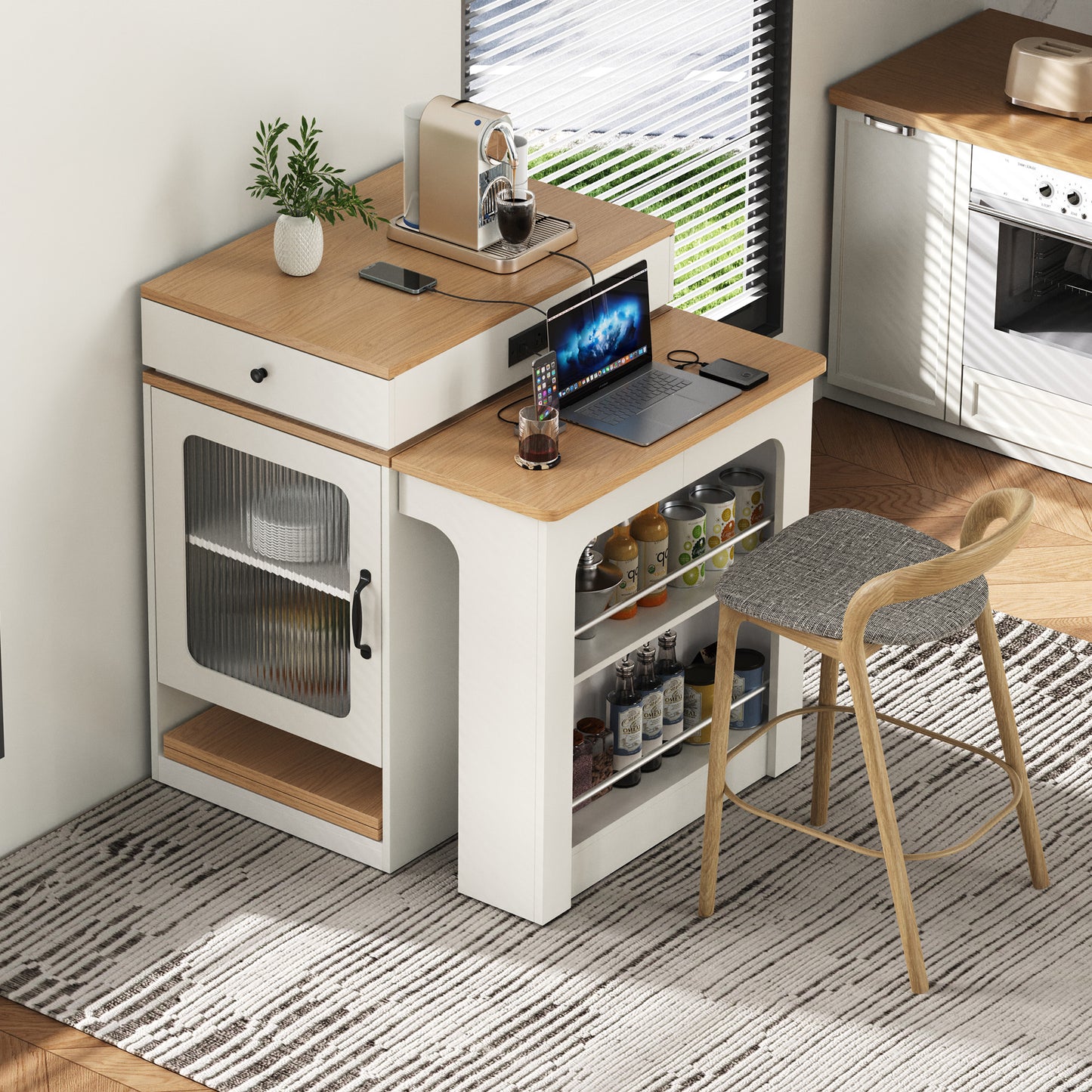 K&K 59.5   Kitchen Island With Extendable Dining Table, Kitchen Storage Table With Double-sided Storage, Kitchen Island With 2 Drawers, Power Outlet, Side Open Shelves, For Kitchen, Dining Room, White