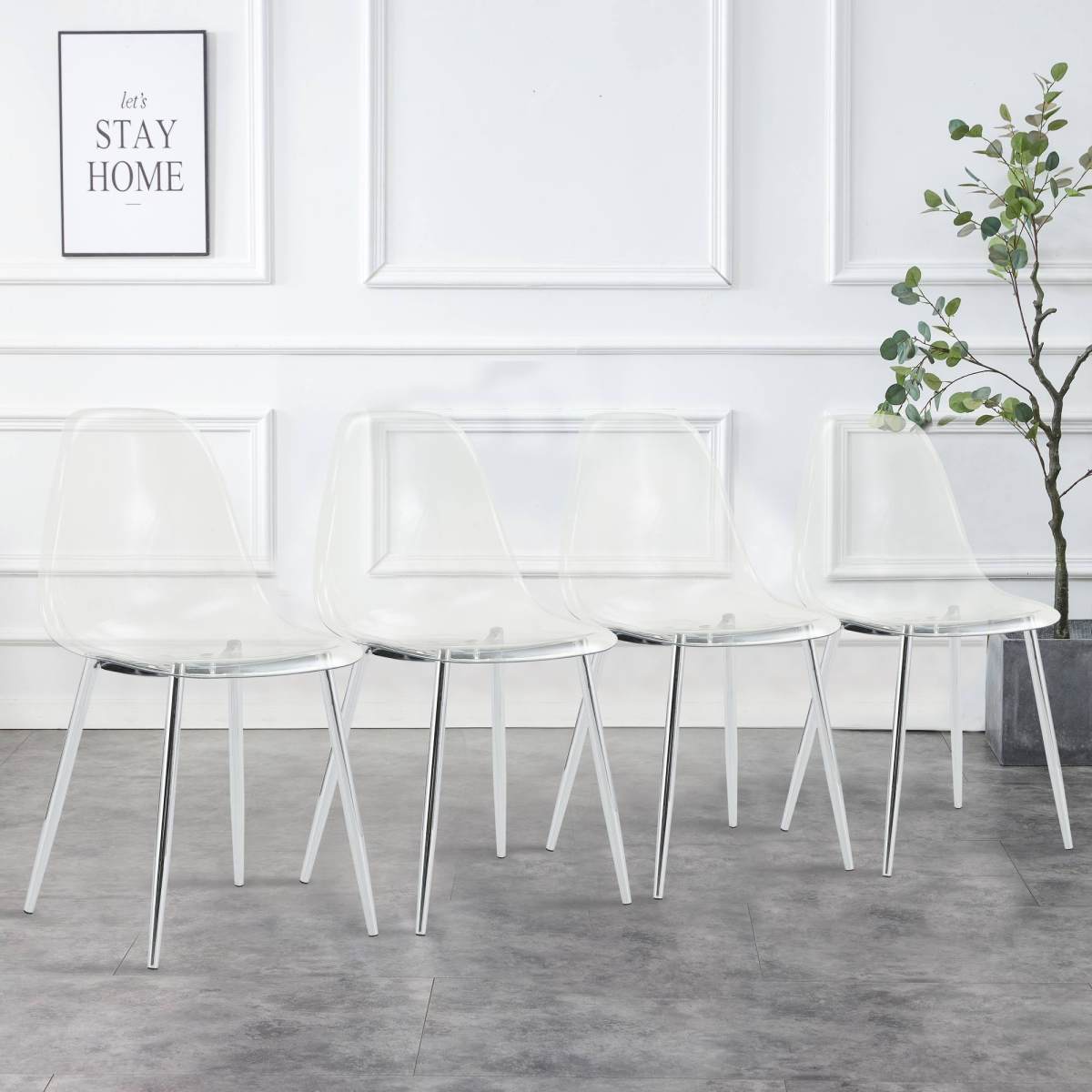 Modern Minimalist Transparent Dining Chair, Plastic Chair, Armless Crystal Chair, Nordic Creative Makeup Stool, Negotiation Chair, Silver Plated Metal Leg 6-piece Set, TW-1200
