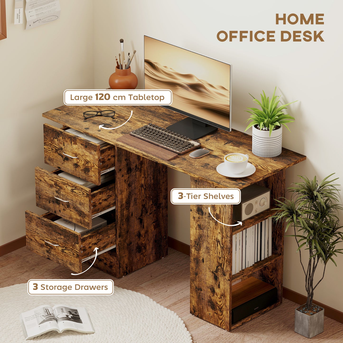 Computer Desk, Writing Table, PC Workstation With 3 Storage Shelves And Drawers, Silver Handle, For Home Office, Rustic Brown
