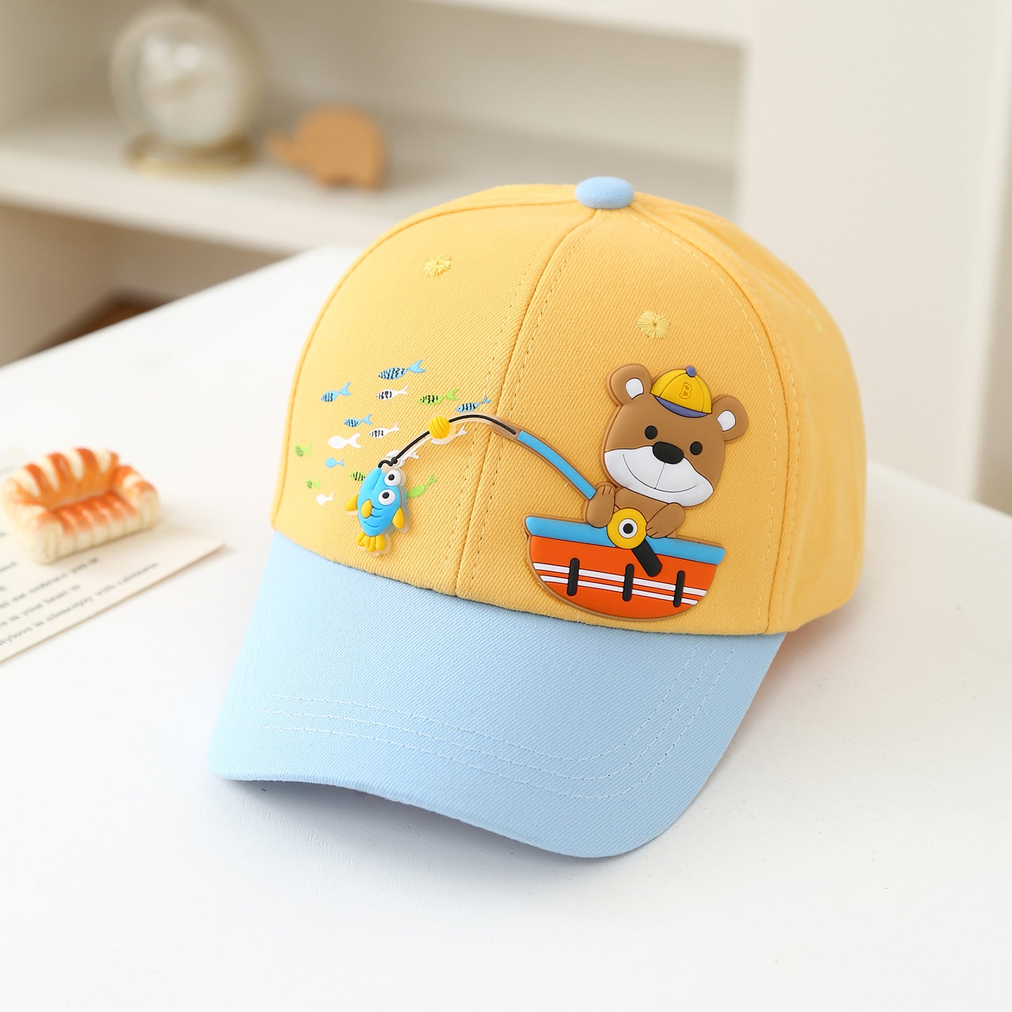 Summer Children's Cartoon Fishing Teddy Bear Patchwork Baby Baseball Cap Suitable For Outdoor Sun Protection And Shade, Ideal For Daily Shopping And Outings.