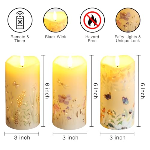 Eywamage Fiber Optic Flameless Pillar Candles with Remote Set of 3, Butterfly Floral Spring LED Candles Battery Operated Φ...
