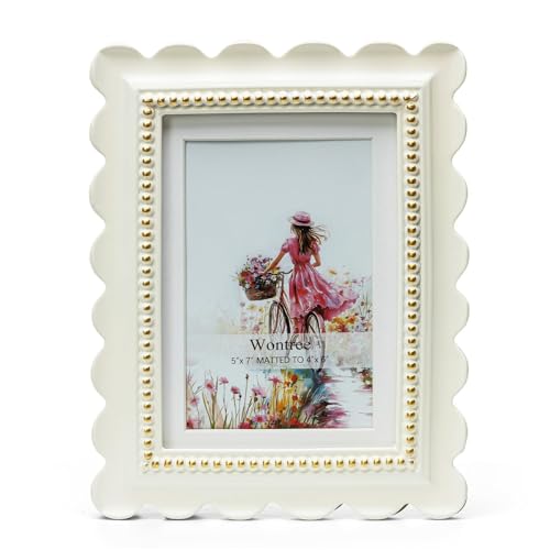 Wontree Wavy 5x7 Picture Frame White with Gold Beaded Trim, Resin Frame with Real Glass, Display 5x7 Photos Matted to 4x6,...