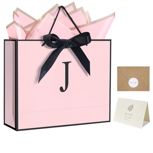 QLSKO Personalized Initial Paper Bag for Women Grils,Monogrammed Gift Bag with Bow Ribbon,Wrapping Tissue and Card Matchin...