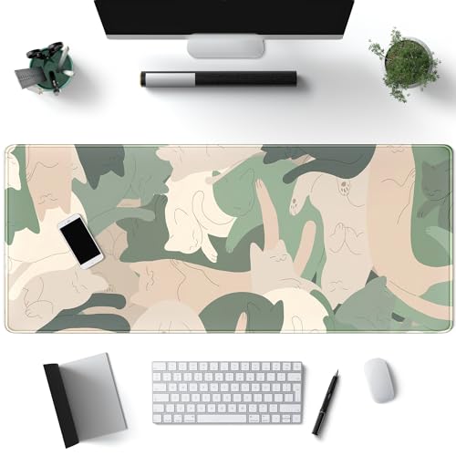 Green Simple Cat Desk Mat Sleeping Cute Long Cool Mouse Pad for Laptop Gaming Computer Keyboard Pad Office Decor Desk Pads...