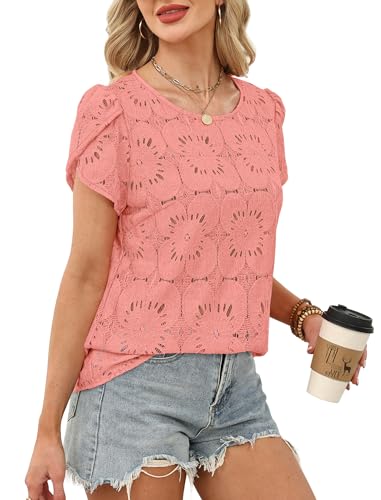 OFEEFAN Blouses for Women Dressy Casual Petal Short Sleeve Shirts Crochet Lace Boho Tops Spring Fashion Summer Outfits