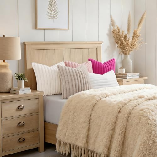 decorUhome Summer Cozy Faux Fur Throw Pillow Covers 18x18 Set of 2 Decorative Soft Plush Striped Modern Farmhouse Boho Cou...