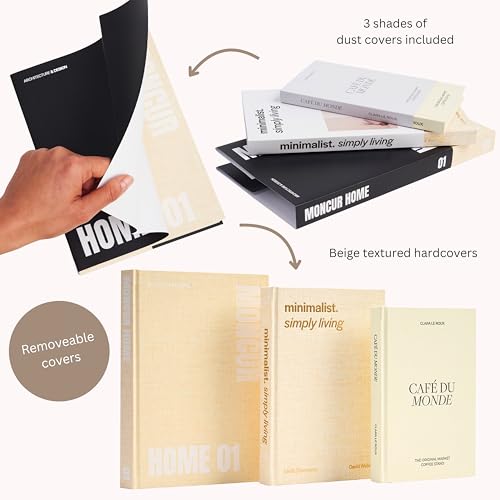Decorative Coffee Table Books Set of 3 – Neutral Home Décor Beige Hardcovers with Removable Black & White Covers, Real Bla...