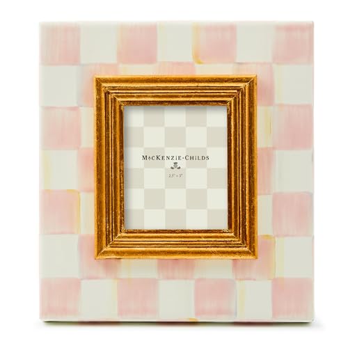 MACKENZIE-CHILDS Enamel Frame, Cute Rectangular Family Picture Frame, Pink-and-White Rosy Check, 2.5" x 3"