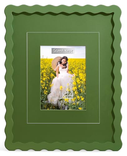 ScandiNest Scalloped 11x14 Picture Frame, Real Glass Wood Frame with Reversible Mat for 5x7/8x10 Prints, Wavy Edge for Wal...