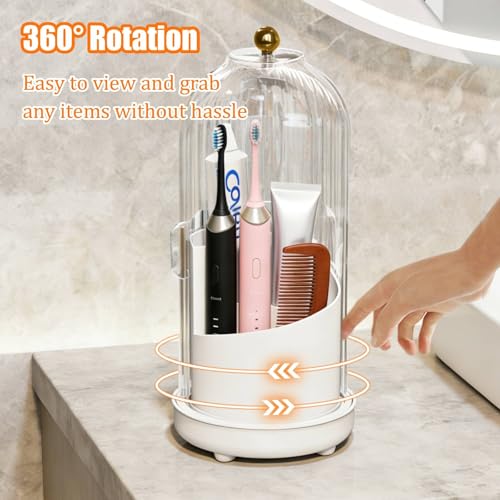 JEESA Toothbrush Holder Organizer, with Drainage Holes, with Dustproof Cover, 360 Rotating, 3 Slots, for Bathroom Countert...