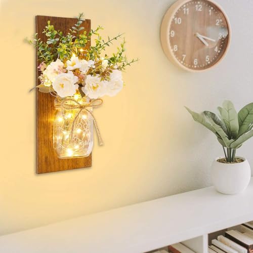 Rustic Wall Sconces Mason Jar Sconces Handmade Wall Art Hanging Design with Remote Control LED Fairy Lights and White Peon...