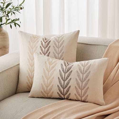 YZJZEDS 100% Cotton Farmhouse Leaves Throw Pillow Covers Set of 2, 18x18 Inch Mixed Beige Pastoral Decorative Print Cushio...